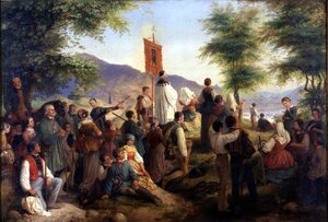 Präst predikar vid pilgrimsfärd i äldre tid