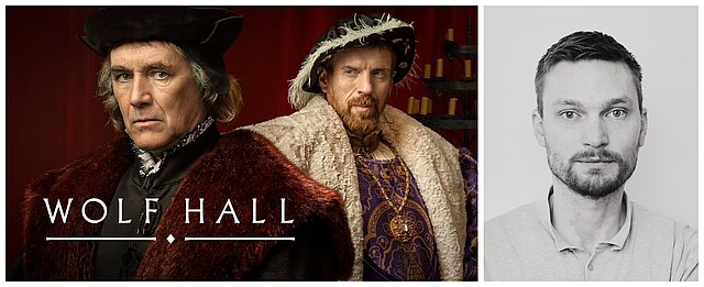 kollage med Wolf hall och man