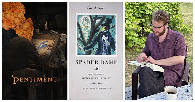 kollage med bilder på man, bokomslag och tv-spel