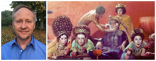 collage med bild av en man och en stillbild från filmen Satyricon