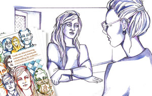 Illustration guide mot trakasseri, två tecknade personer som talar med varandra